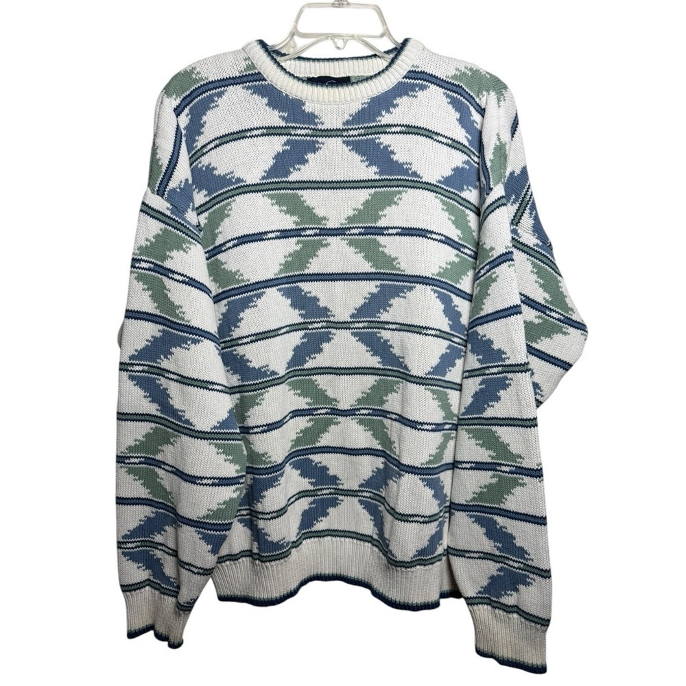 Vintage Knit Crewneck Sweater Size Large White Blue Green Dad Grandpa 80s